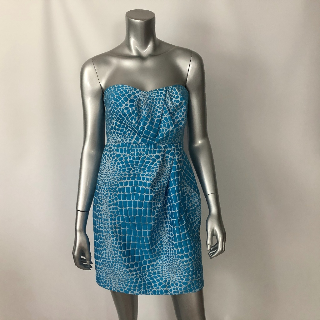 Tibi Dress 8 Blue Animal Print Textured Strapless